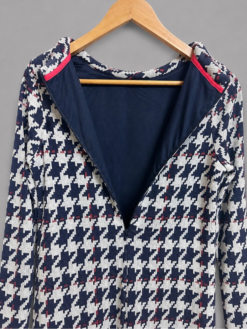 Boden Houndstooth Sheath Dress Size 4 Navy Ivory Red Hidden Zip Lined - Picture 8 of 10
